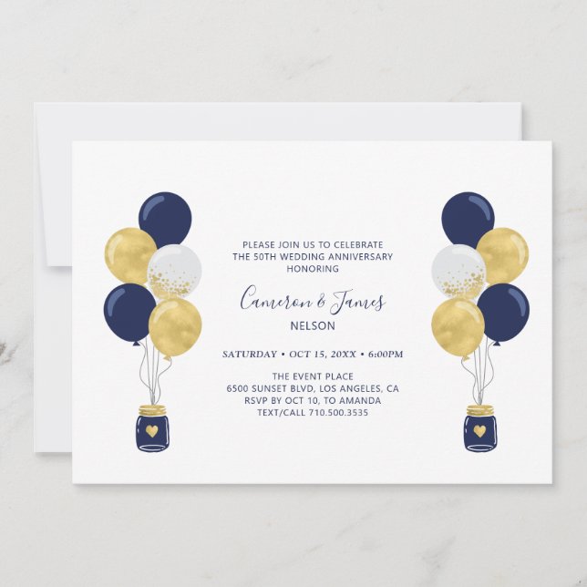 Invitación Globos de oro y marina 50° aniversario Boda (Anverso)