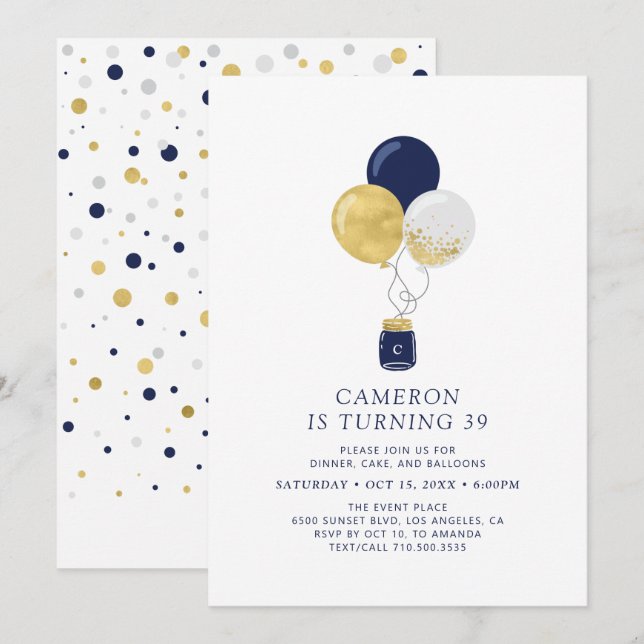 Invitación Globos de oro y marina fiesta de cumpleaños de adu (Anverso / Reverso)