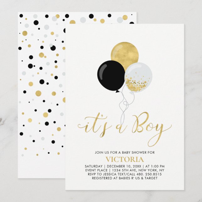 Invitación Globos de oro y negro | Es un Boy Baby Shower (Anverso / Reverso)