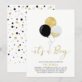 Invitación Globos de oro y negro | Es un Boy Baby Shower