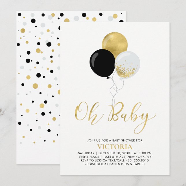 Invitación Globos de oro y negro | Oh Baby Boy Baby Shower (Anverso / Reverso)