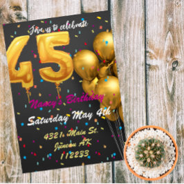 Invitación Globos de oro y purpurinas coloridos 45 años