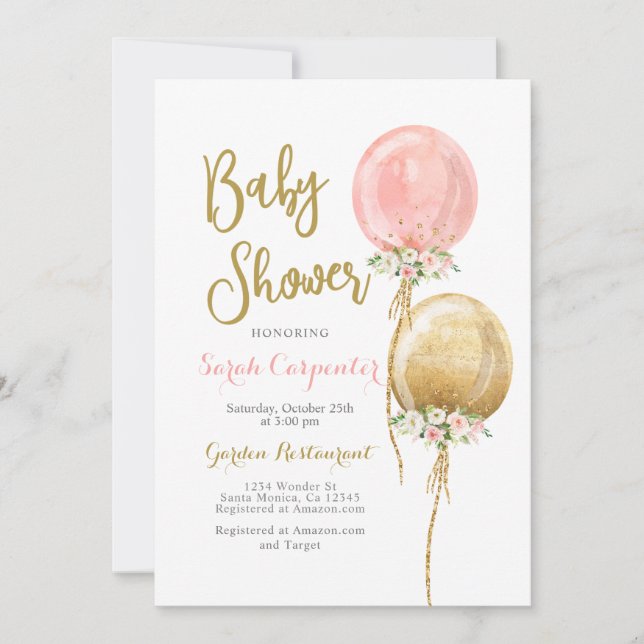 Invitación Globos de oro y rosa chica de Baby Shower (Anverso)