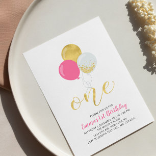 Invitación Globos de oro y rosado caliente Primera fiesta de