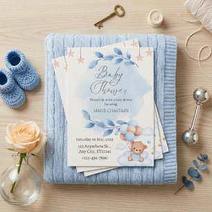 Invitación Globos de osito de acuarela azul para baby shower