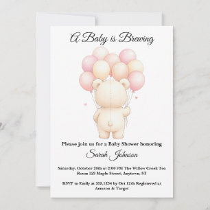 Invitación Globos de osito de acuarela rosa para baby shower
