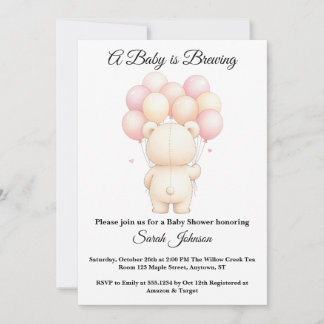 Invitación Globos de osito de acuarela rosa para baby shower