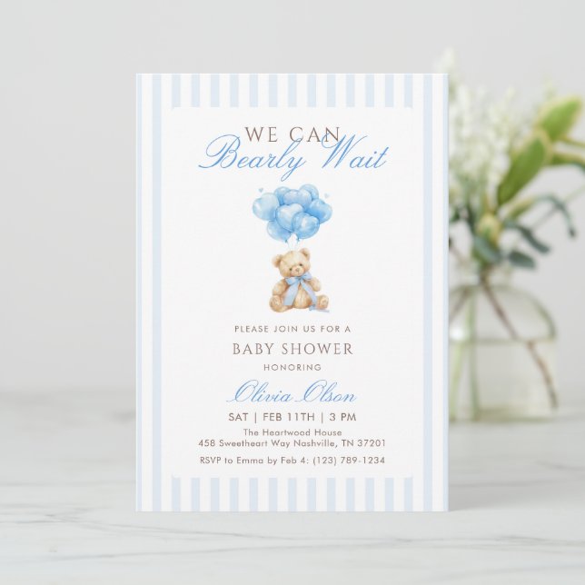 Invitación Globos de Osito de Peluche Azul Cumpleaños Shower  (Anverso de pie)