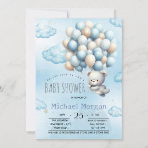 Invitación Globos de osito de peluche azul Nubes Baby Shower