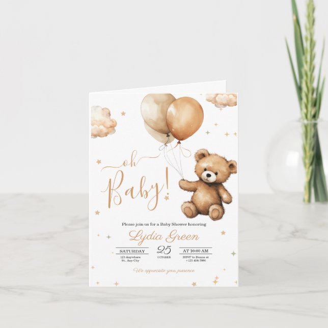 Invitación Globos de osito de peluche Baby shower Neutral  (Anverso)