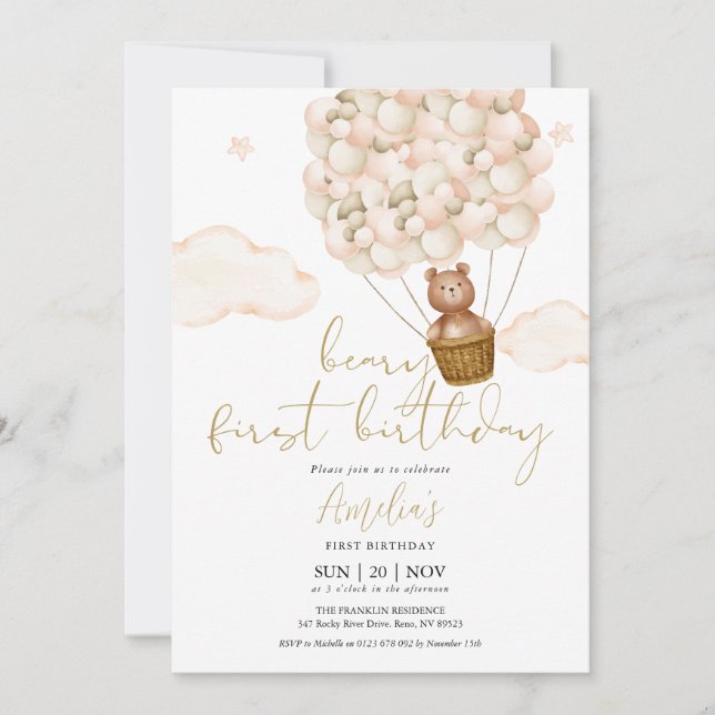 Invitación Globos de Osito de Peluche Cumpleaños 1 año (Anverso)