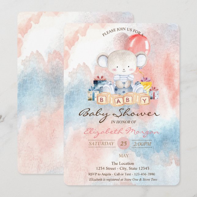 Invitación Globos de osito de peluche presentes en la ducha d (Anverso / Reverso)
