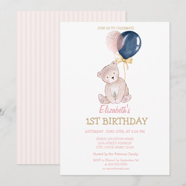 Invitación Globos de osito de peluche rayados Cumpleaños (Anverso / Reverso)