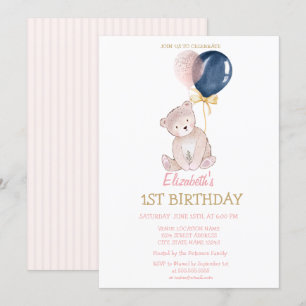 Invitación Globos de osito de peluche rayados Cumpleaños