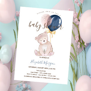 Invitación Globos de osito de peluche rayados en rosa para ba