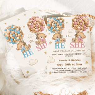 Invitación Globos de osito de peluche Revelación de género Él