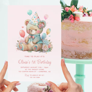 Invitación Globos de osito de peluche rosa Cumpleaños 1