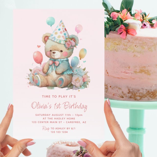 Invitación Globos de osito de peluche rosa Cumpleaños 1 (Subido por el creador)
