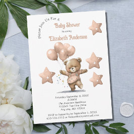 Invitación Globos de Osito de Peluche Rosa Estrellas Niña Bab
