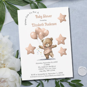 Invitación Globos de Osito de Peluche Rosa Estrellas Niña Bab
