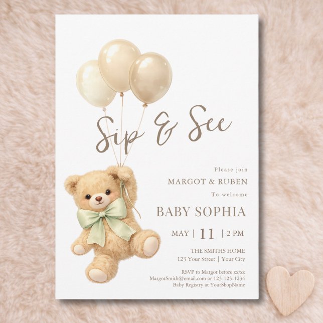 Invitación Globos de Osito de Peluche Sip and See (Subido por el creador)