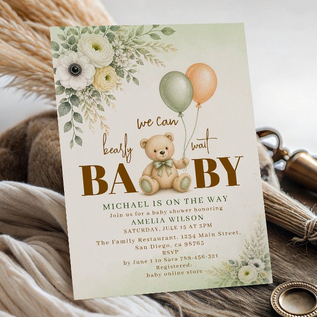 Invitación Globos de osito de peluche verde salvia rústico pa (Subido por el creador)