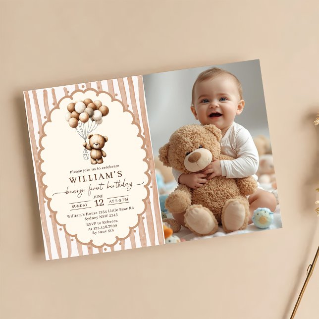 Invitación Globos de Osito Marrón Rayas Cumpleaños 1 (Subido por el creador)