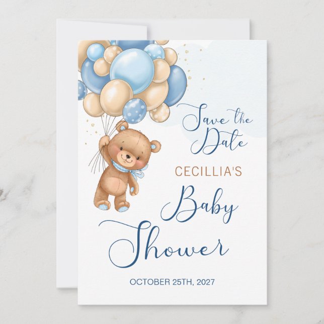 Invitación Globos de oso Baby Shower Guardar la fecha (Anverso)