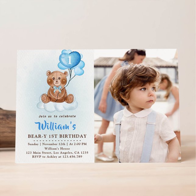 Invitación Globos de oso de peluche azul cumpleaños uno Foto (Subido por el creador)
