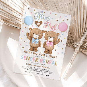 Invitación Globos de oso de peluche azul o rosa revelan géner
