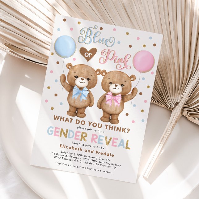 Invitación Globos de oso de peluche azul o rosa revelan géner (Subido por el creador)