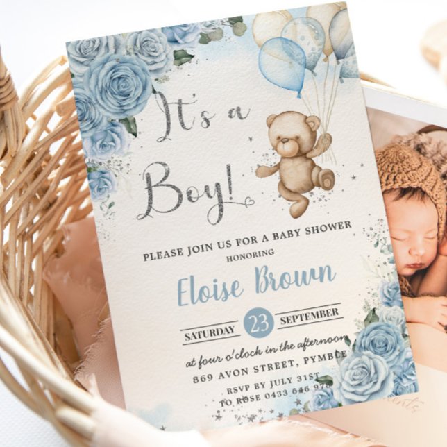 Invitación Globos de oso de peluche Bebé Floral Azul Bebé (Subido por el creador)