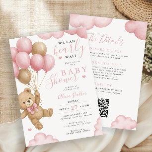 Invitación Globos de oso de peluche marrón rosa para baby sho