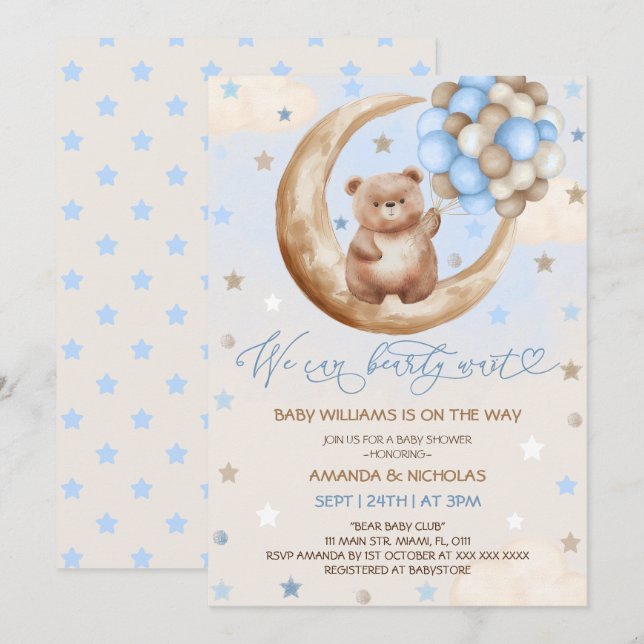 Invitación Globos de oso de peluche y Baby Shower de Moon Blu (Anverso / Reverso)
