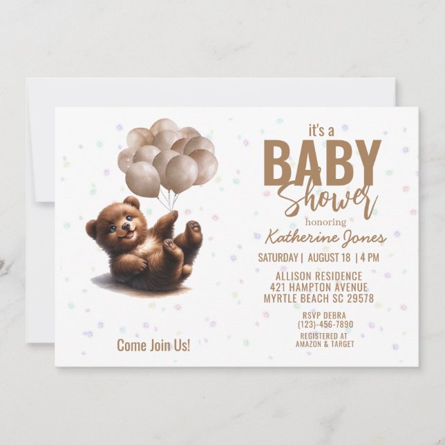 Invitación Globos de Oso de Teddy Género Neutral de Baby Show (Anverso)