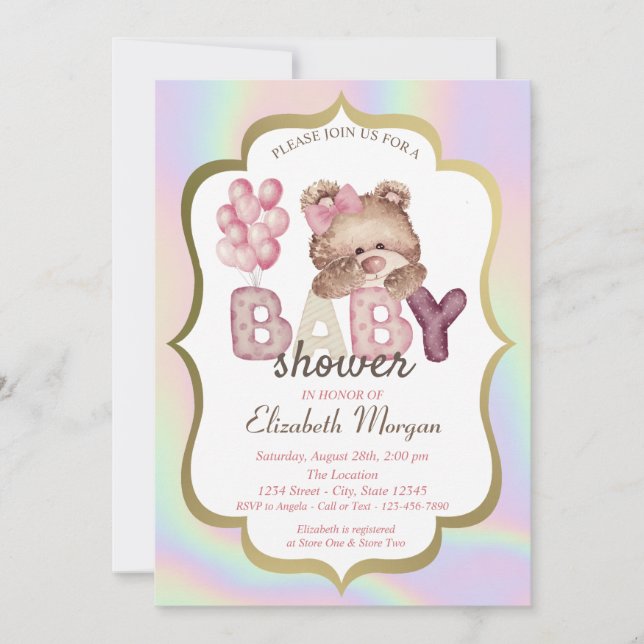 Invitación Globos de Oso de Teddy Marco Baby Shower Holográfi (Anverso)