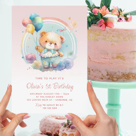 Invitación Globos de Oso de Teddy Pink 1er cumpleaños