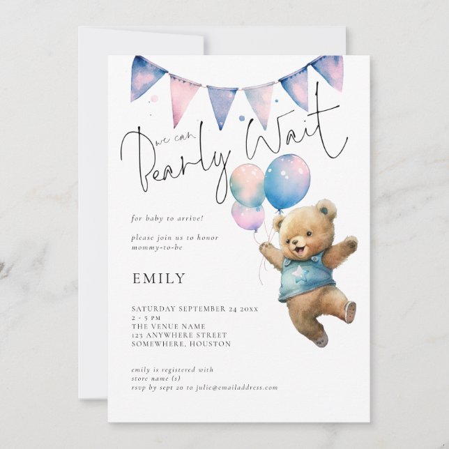Invitación Globos De Oso De Teddy Que Podemos Esperar A Baby  (Anverso)