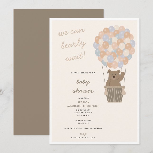 Invitación Globos de oso lindo género Baby Shower neutro (Anverso / Reverso)