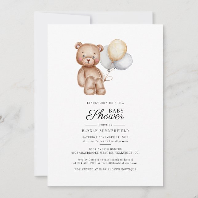 Invitación Globos de oso lindo guión de Baby Shower (Anverso)