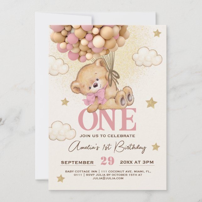 Invitación Globos de oso niña bebé cumpleaños 1  (Anverso)