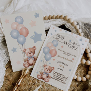Invitación Globos de oso Revelación de género vintage
