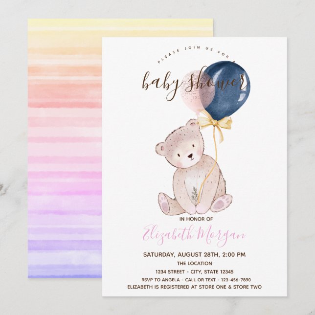 Invitación Globos de Oso Teddy Bear Ombre Baby Shower a rayas (Anverso / Reverso)