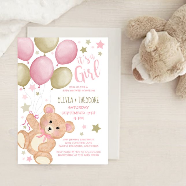 Invitación Globos De Oso Teddy Chica De Oro Rosa Baby Shower  (Subido por el creador)