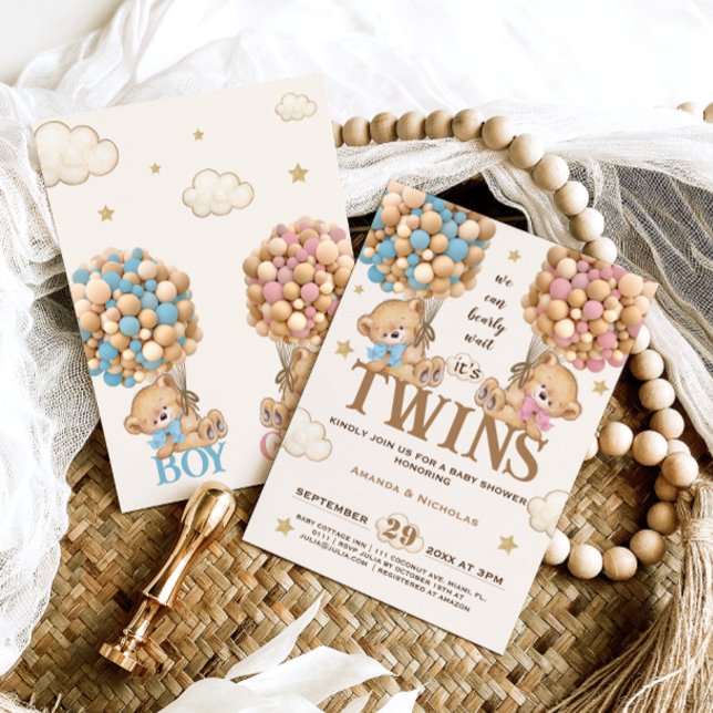 Invitación Globos de osos apenas esperan gemelos baby shower (Subido por el creador)