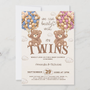 Invitación Globos de osos apenas esperan gemelos baby shower