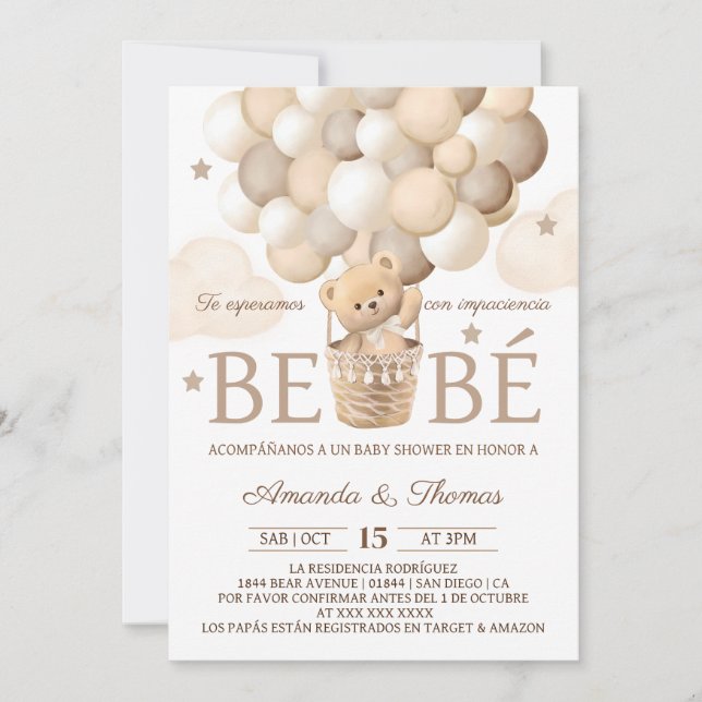 Invitación Globos de osos para baby shower español (Anverso)