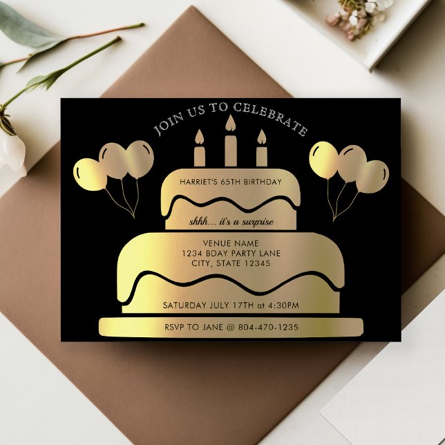 Invitación Globos de Pastel de Oro y Negro 65º cumpleaños (Black & Gold Cake Balloons 65th Birthday Invitation)