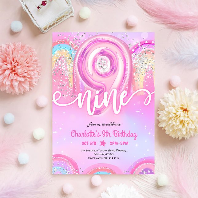Invitación Globos de Pastel Rosa Cumpleaños 9 (Subido por el creador)