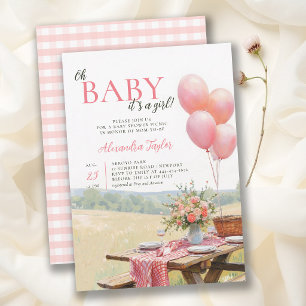 Invitación Globos de picnic flores silvestres rosa baby showe